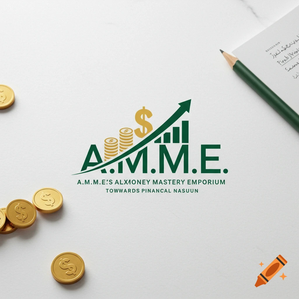 Logo for A.M.M.E. with green letters, upward arrow, gold coins, and dollar sign, on a white surface with scattered coins and a pencil.