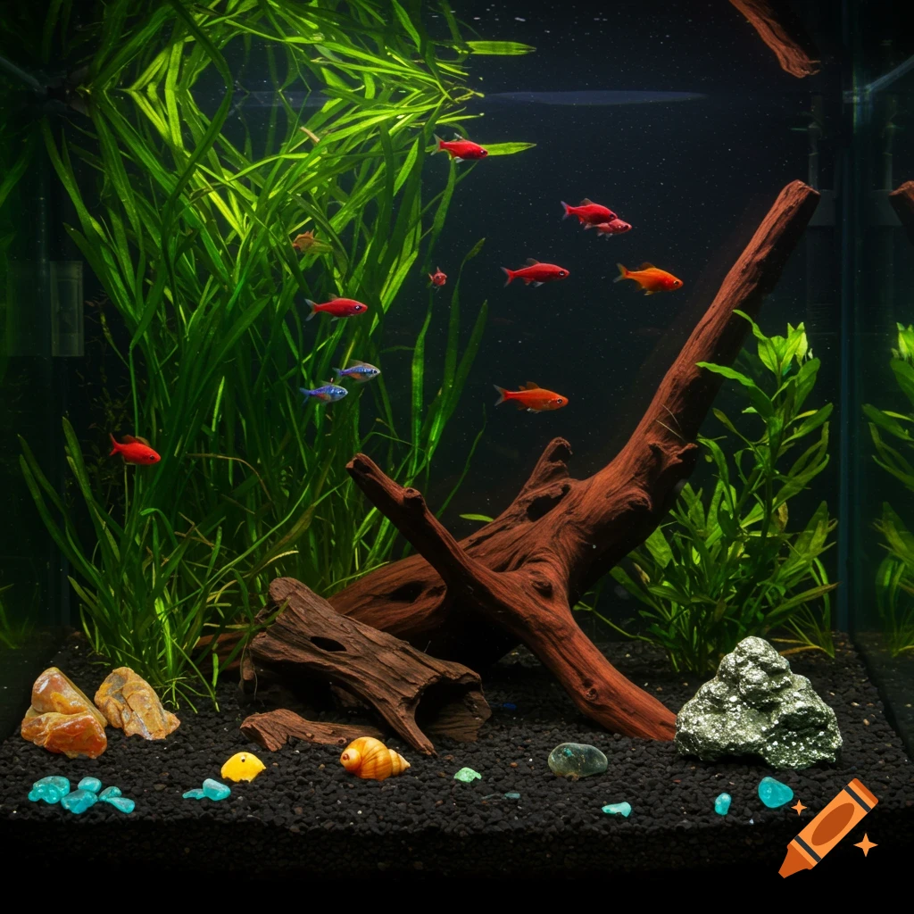 An aquarium with red and blue fish, green plants, driftwood, and rocks.