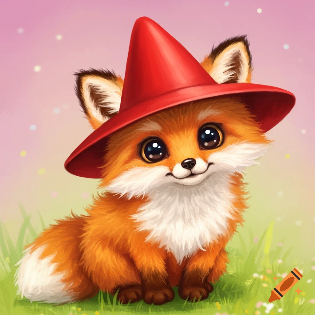 Cute fox wearing a red hat sits in a grassy field.