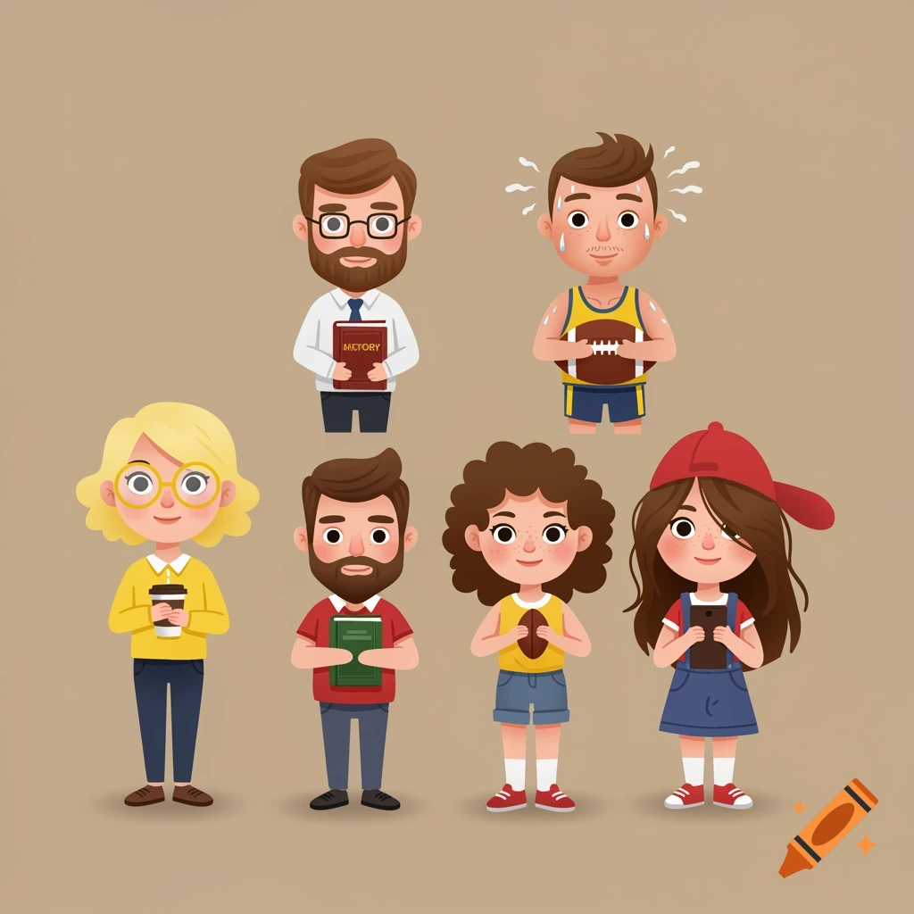 Six cute cartoon characters standing side by side, holding items like books, coffee, football, and a tablet.