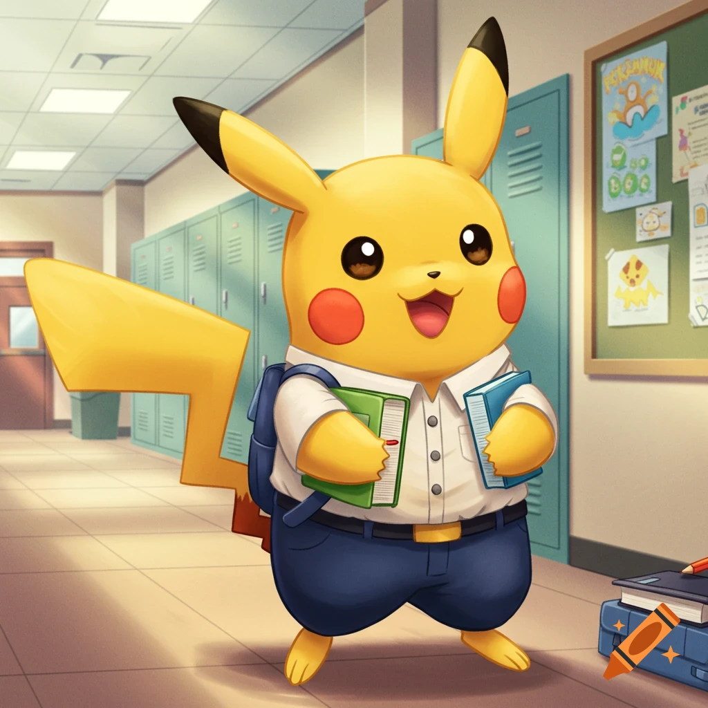 Cartoon Pikachu in a school uniform with a backpack holds books in a hallway.
