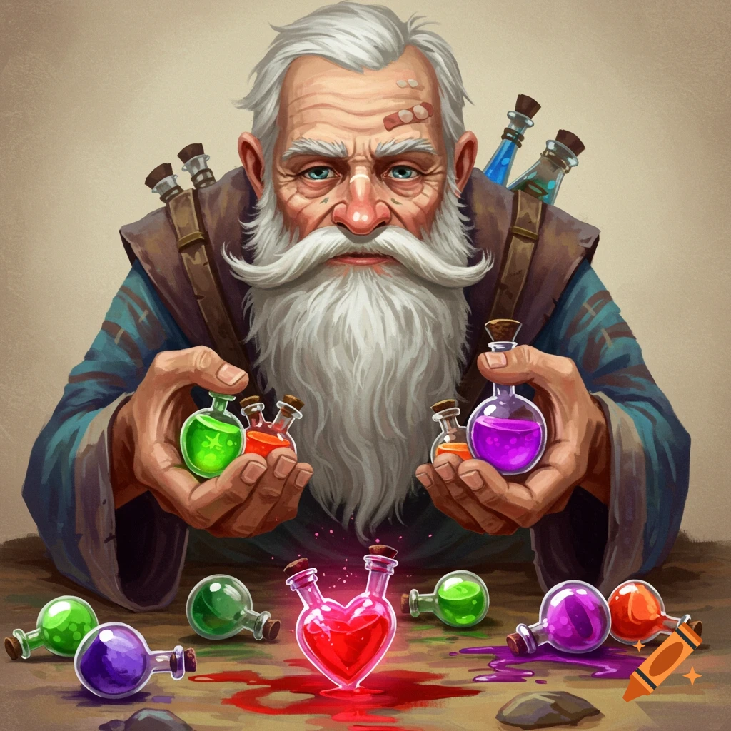 An old man holding colorful potions, with a heart-shaped potion in the center.