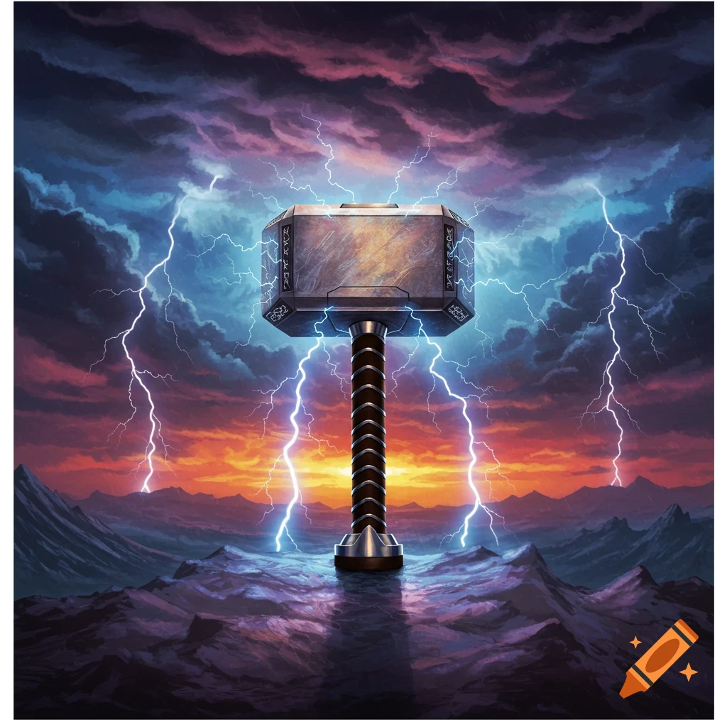Thor's hammer Mjolnir surrounded by lightning during a stormy sunset over water and mountains.