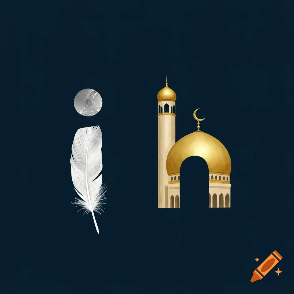A feather shaped like the letter i and a mosque shaped like the letter h.