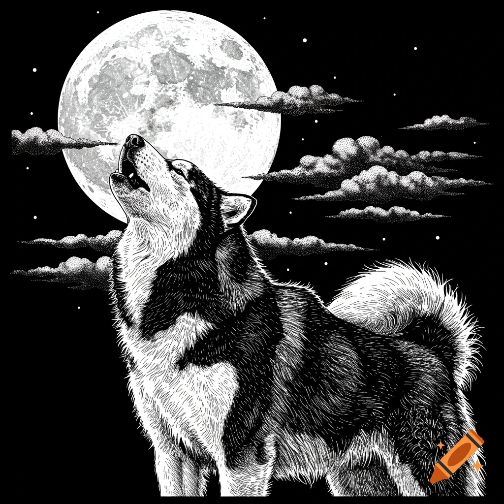 Black and white illustration of a wolf howling at a large moon.