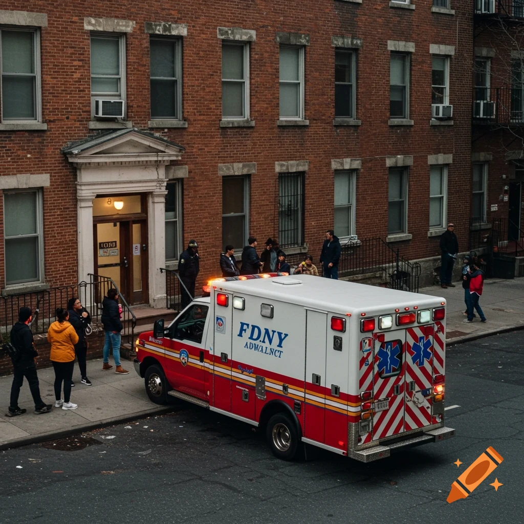 An FDNY ambulance parked outside a brick building on a city street with people standing nearby.