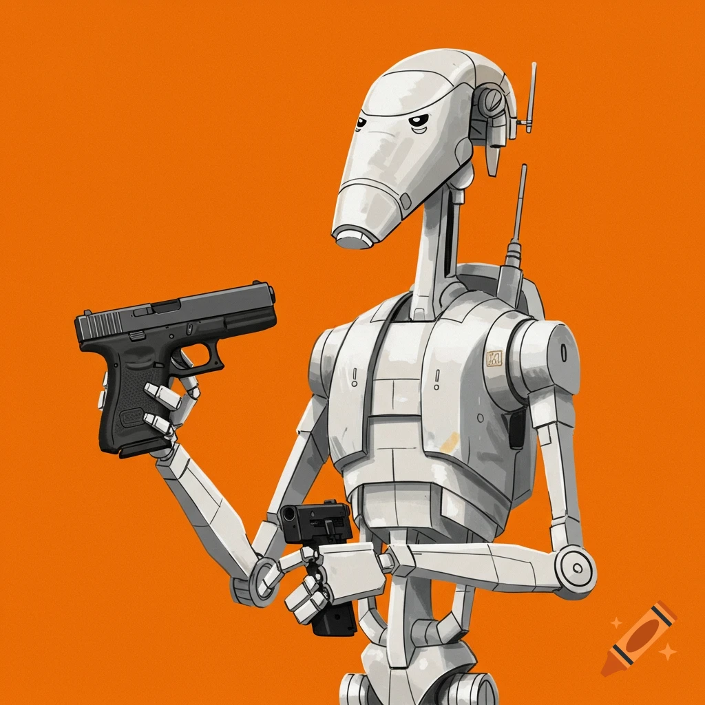 A Star Wars B1 battle droid holding two handguns against an orange background.