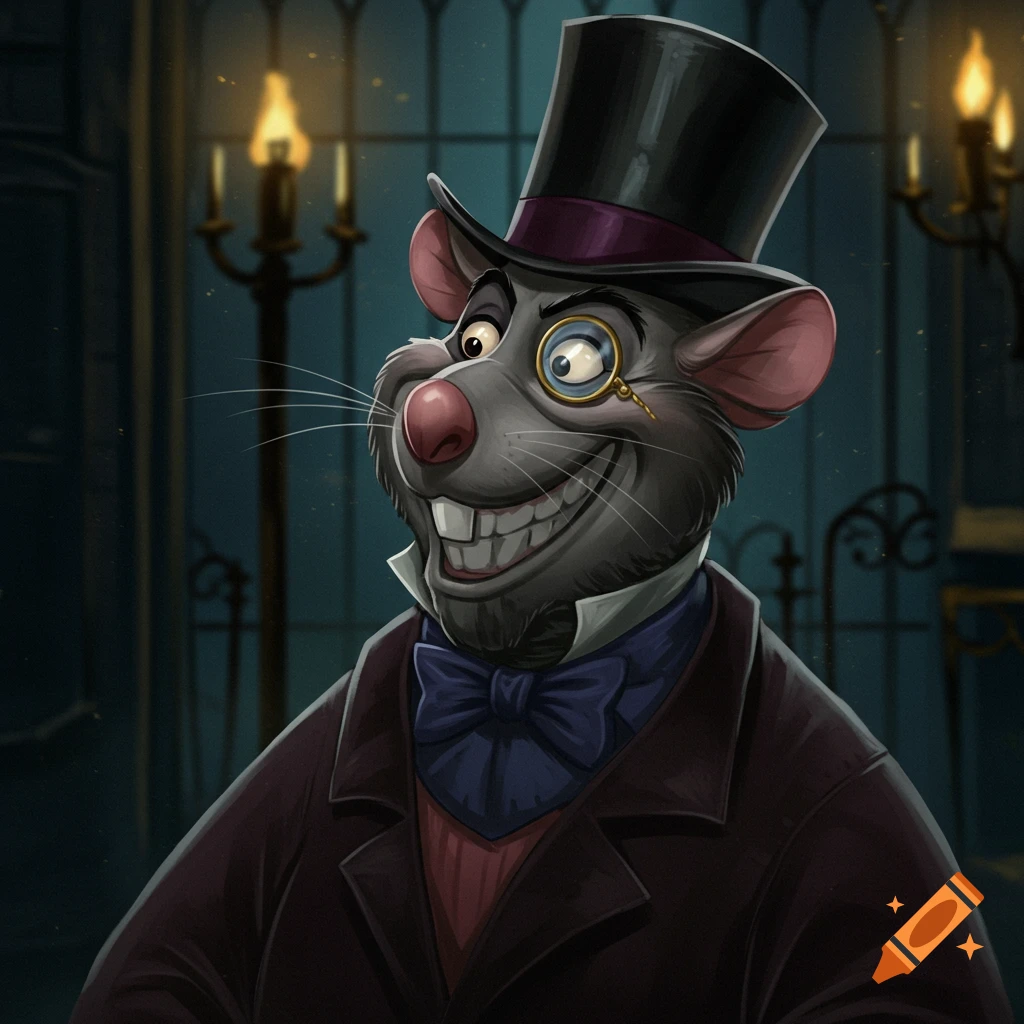 A cartoon rat character wearing a top hat, monocle, jacket, and bow tie.