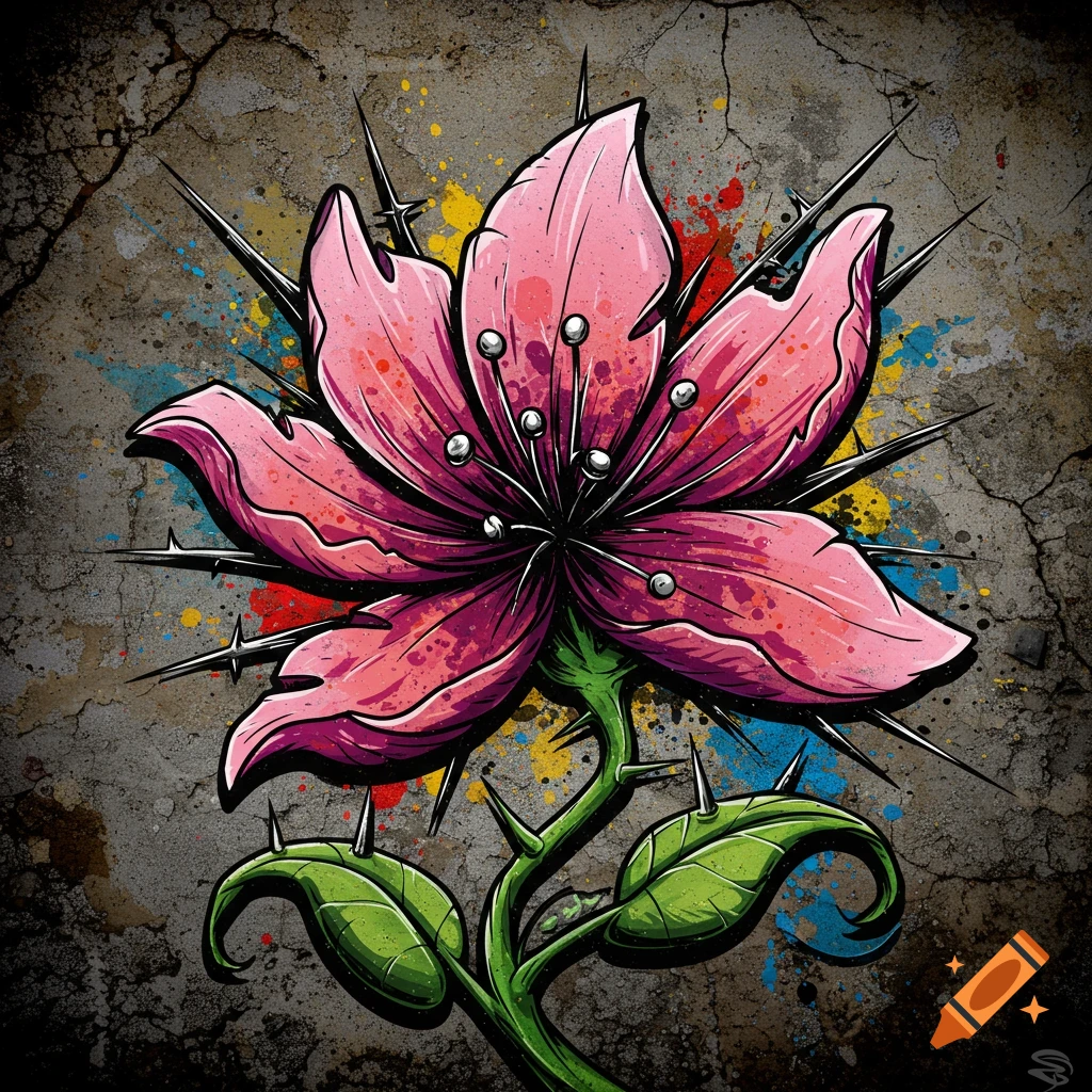 A stylized pink flower with thorns and leaves against a grunge concrete background with paint splatters.