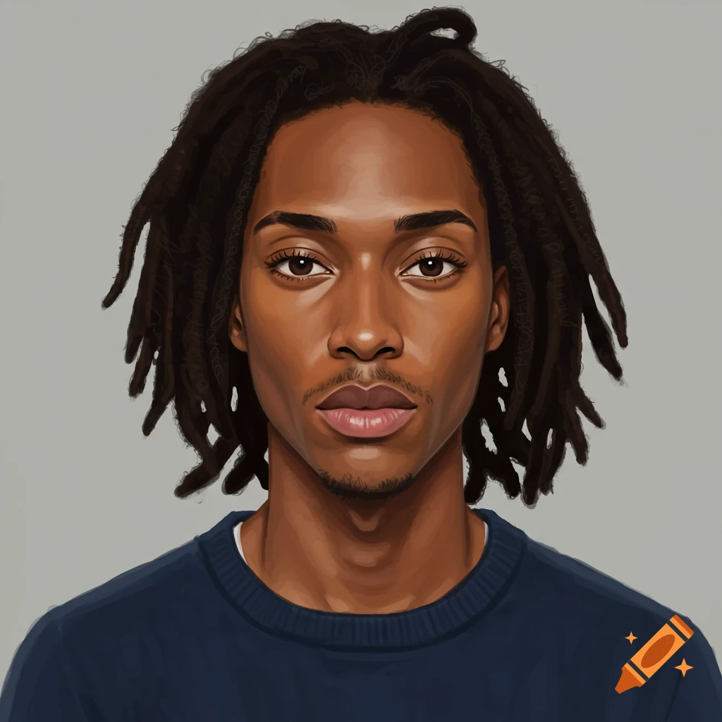 A young Black man with dreadlocks and facial hair, wearing a blue sweater.