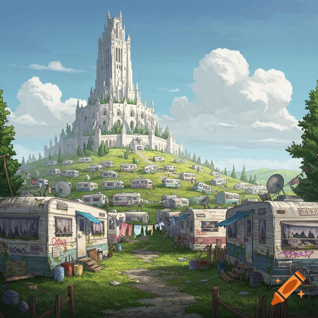 A large white fantasy castle sits on a hill overlooking a trailer park.