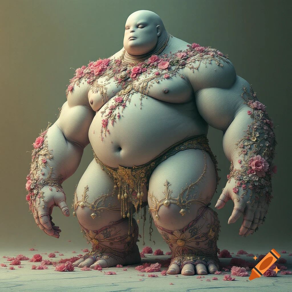 A large, bald, pale figure covered in pink flowers and gold ornaments.