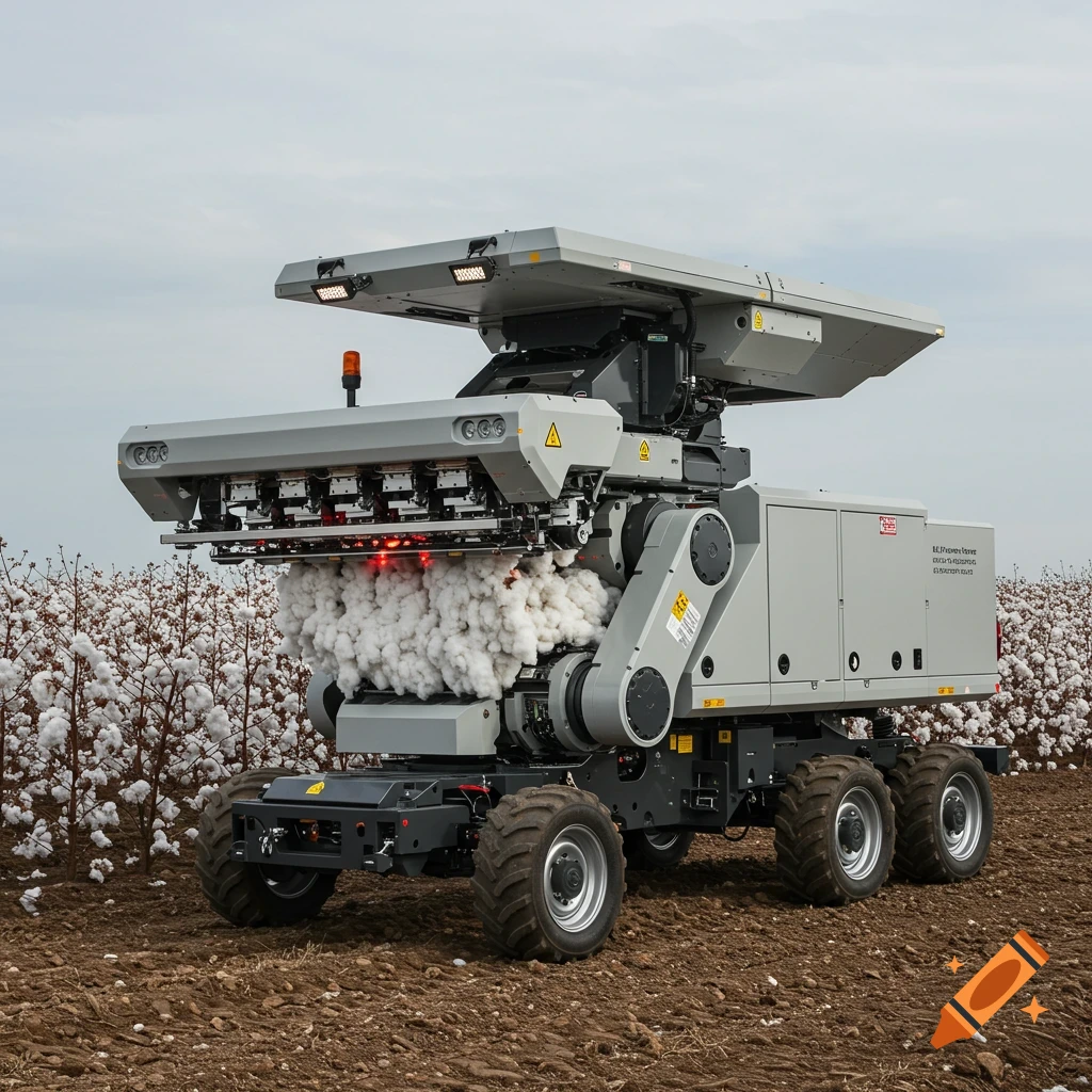 A large, grey autonomous cotton harvesting robot stands in a field of white cotton plants under a cloudy sky.