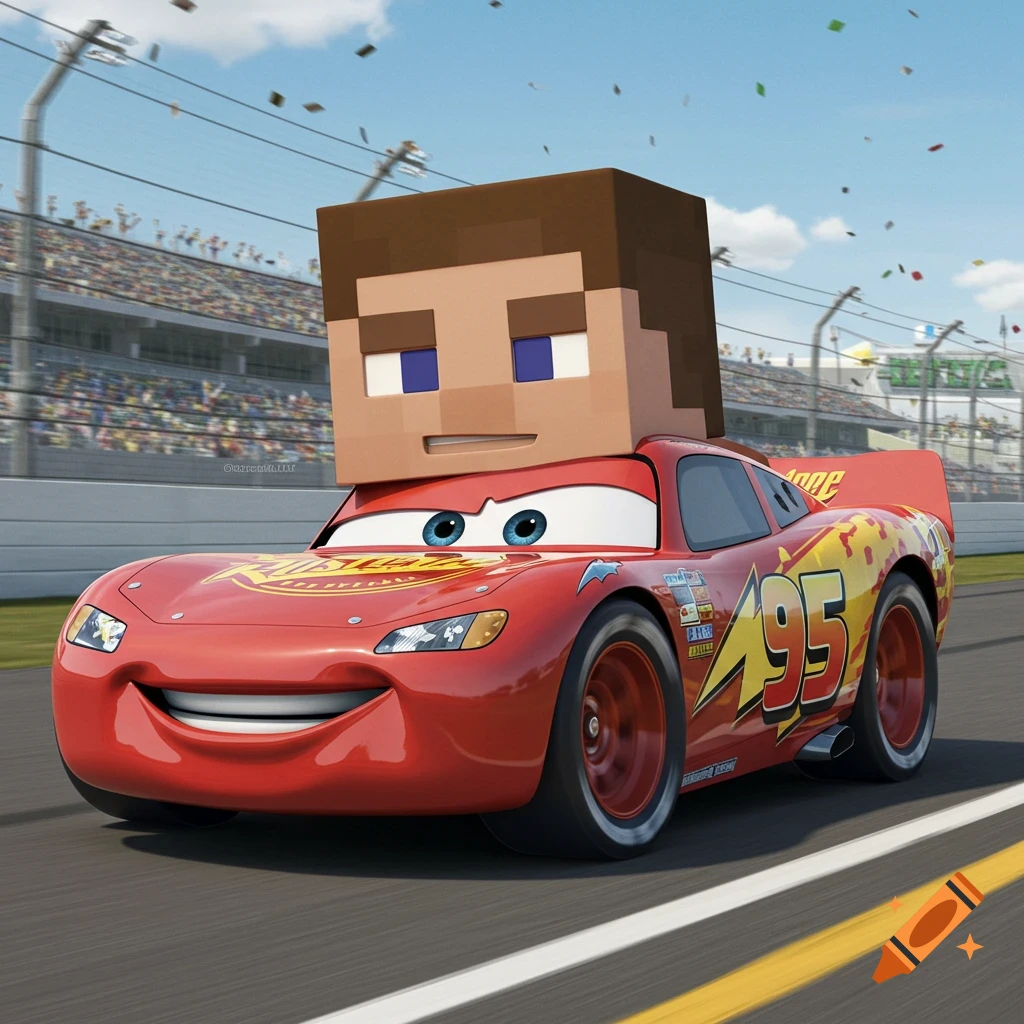 Lightning McQueen with a Minecraft Steve head races on a track, confetti in the air.