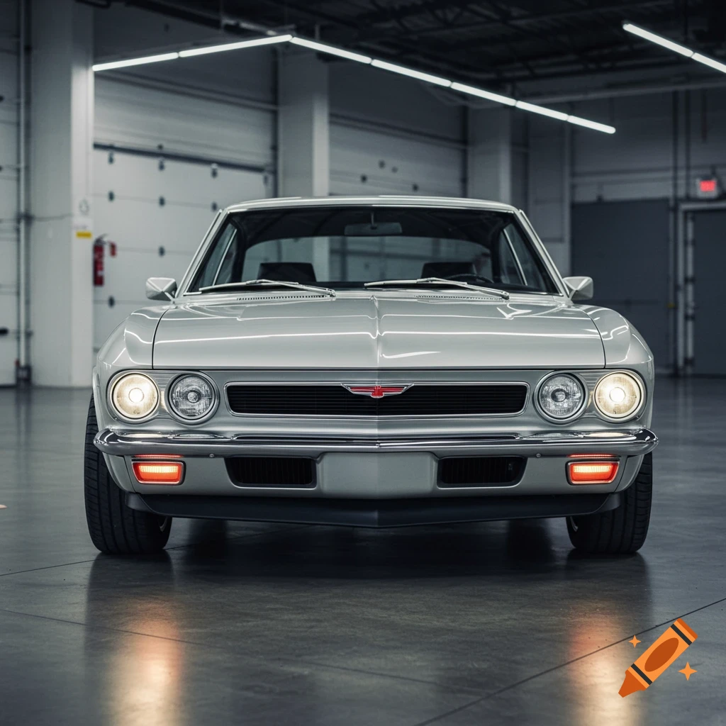 Front view of a silver vintage or concept car parked in a brightly lit garage