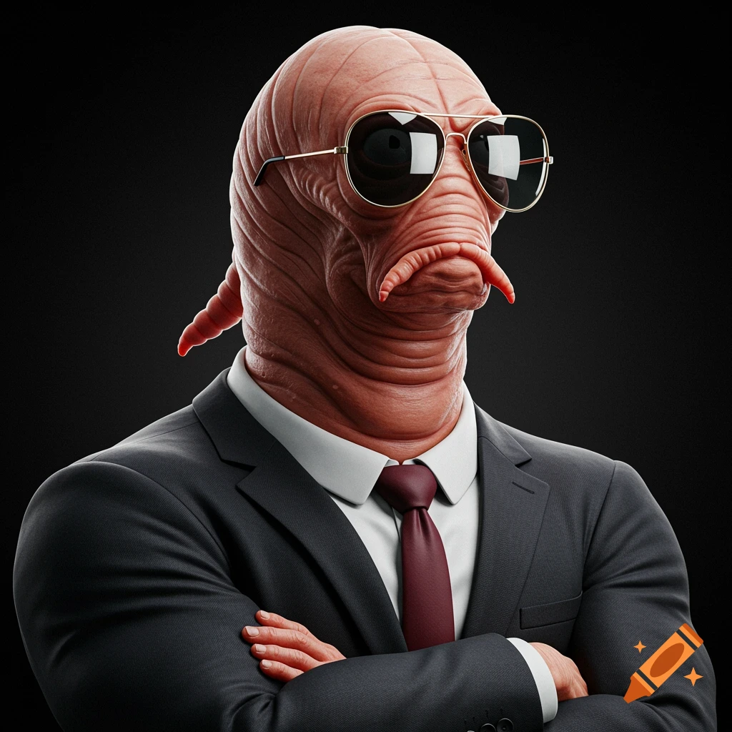 Portrait of a pink, wrinkled alien creature in sunglasses and a suit, arms crossed.