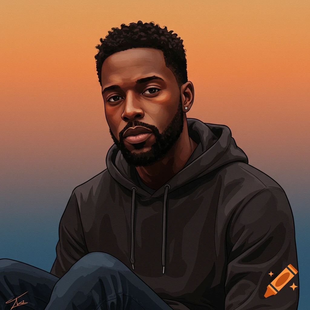 A portrait of a Black man in a grey hoodie against an orange and blue gradient background.