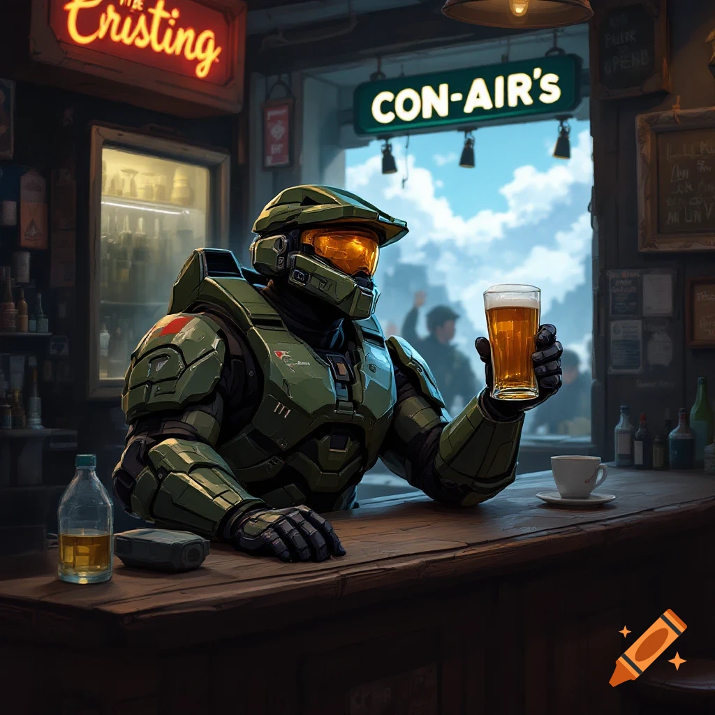 Master Chief from Halo sitting at a bar, holding a glass of beer.