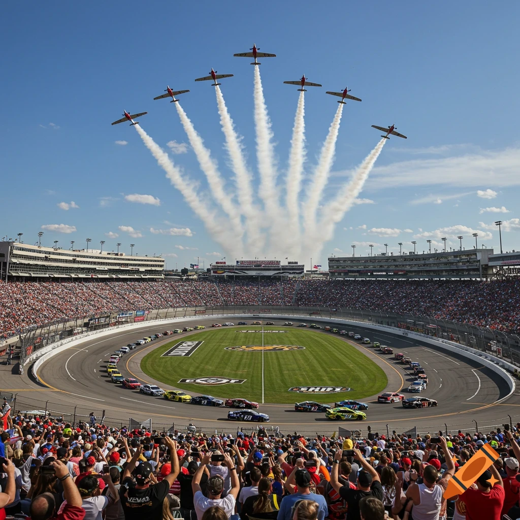 A NASCAR race with airplanes performing an air show over a crowded stadium.