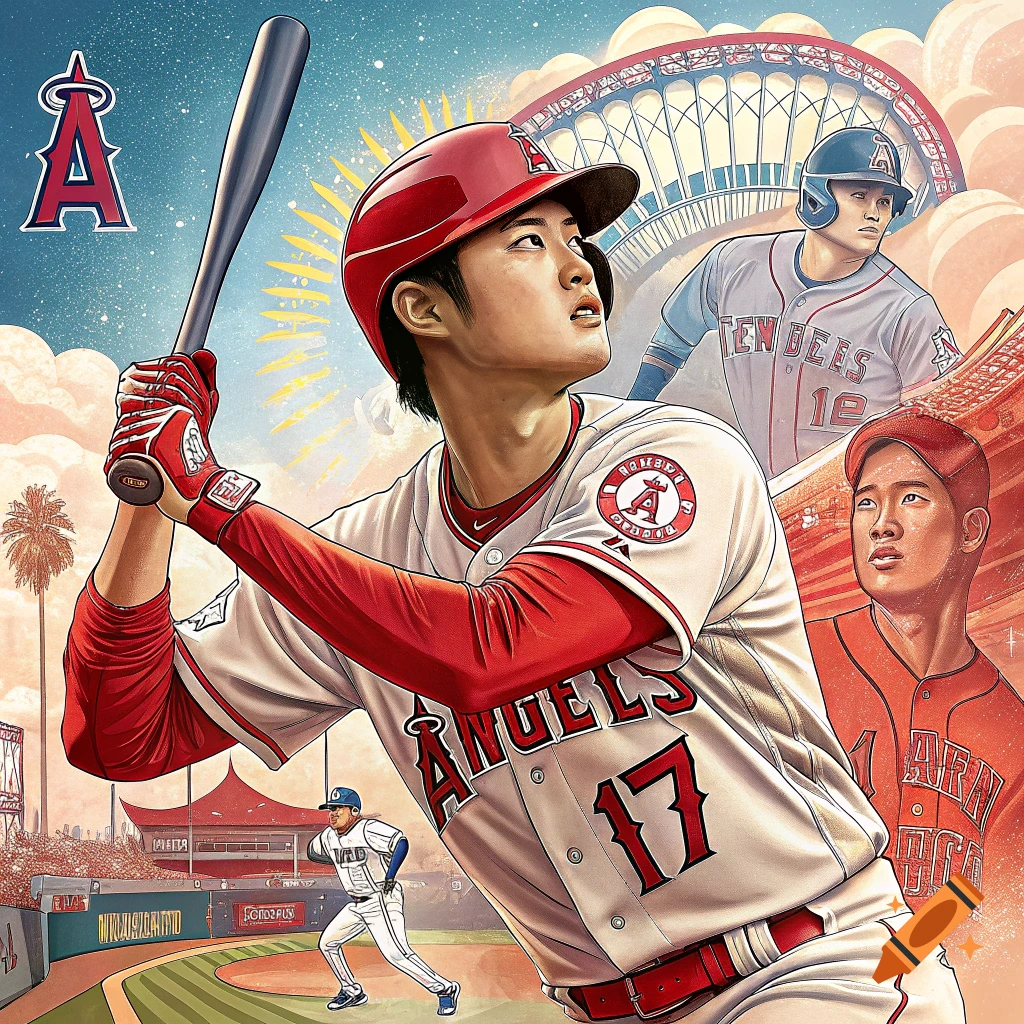 Graphic art illustration of a baseball player in an Angels uniform swinging a bat, with stadium and other players in the background.