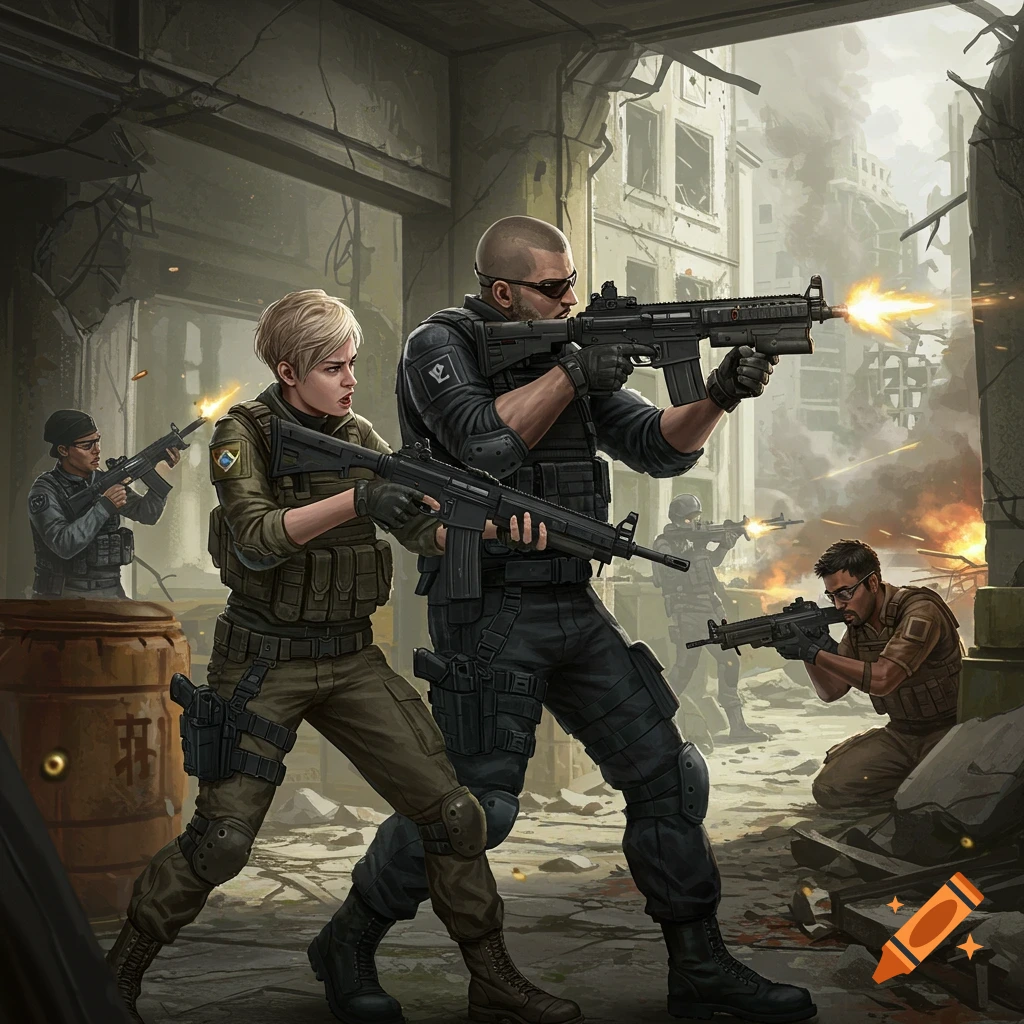 Soldiers in tactical gear engaging in combat in a destroyed urban environment.