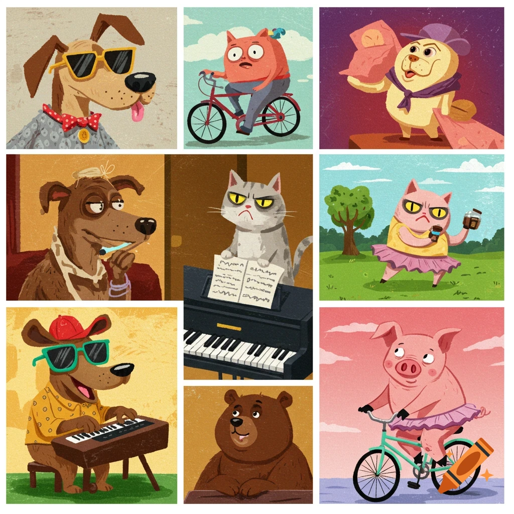 Grid of cartoon animals doing funny activities like riding bikes, playing music, and wearing sunglasses.