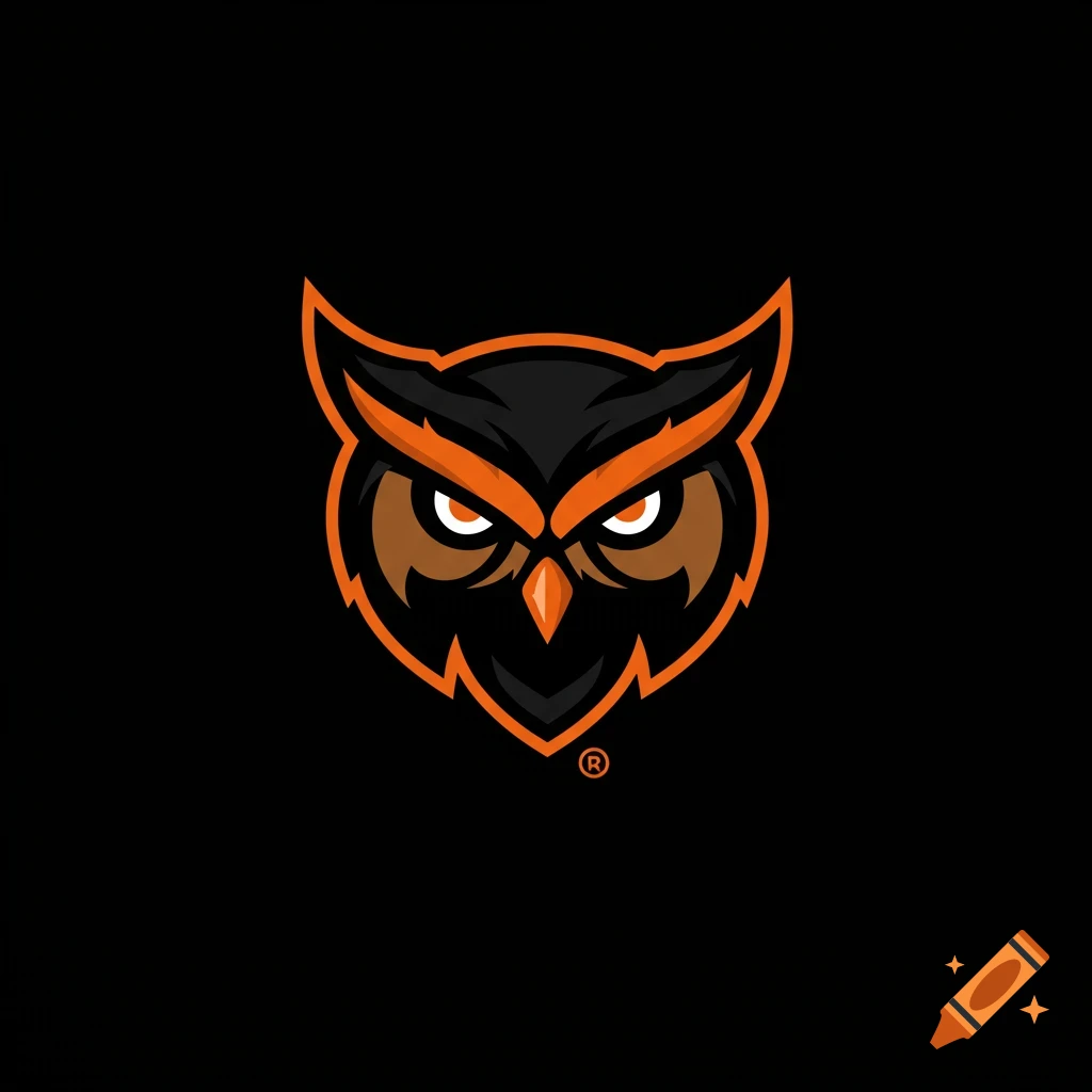 Black and orange owl head logo