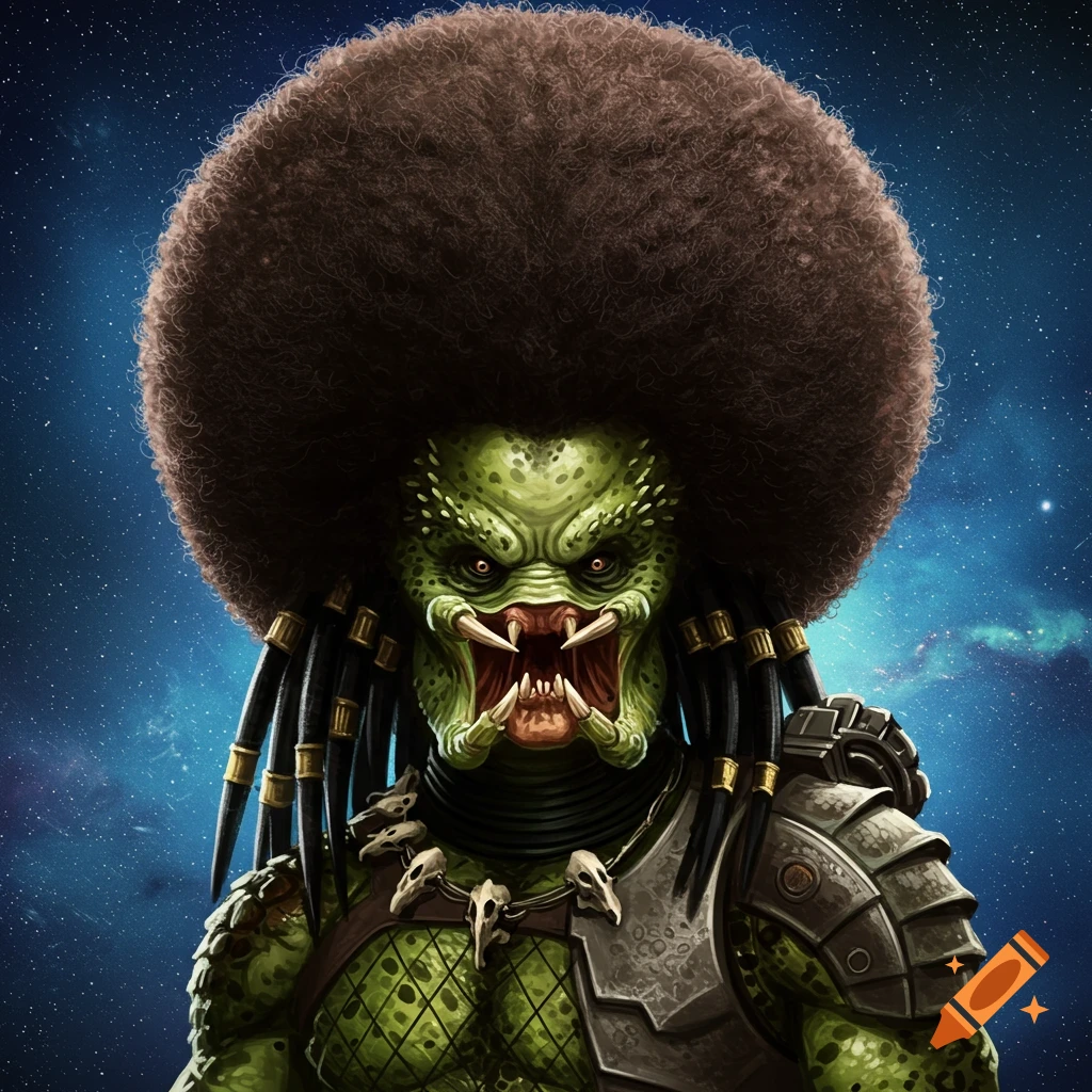 A Predator alien with a large afro hairstyle against a starry space background.