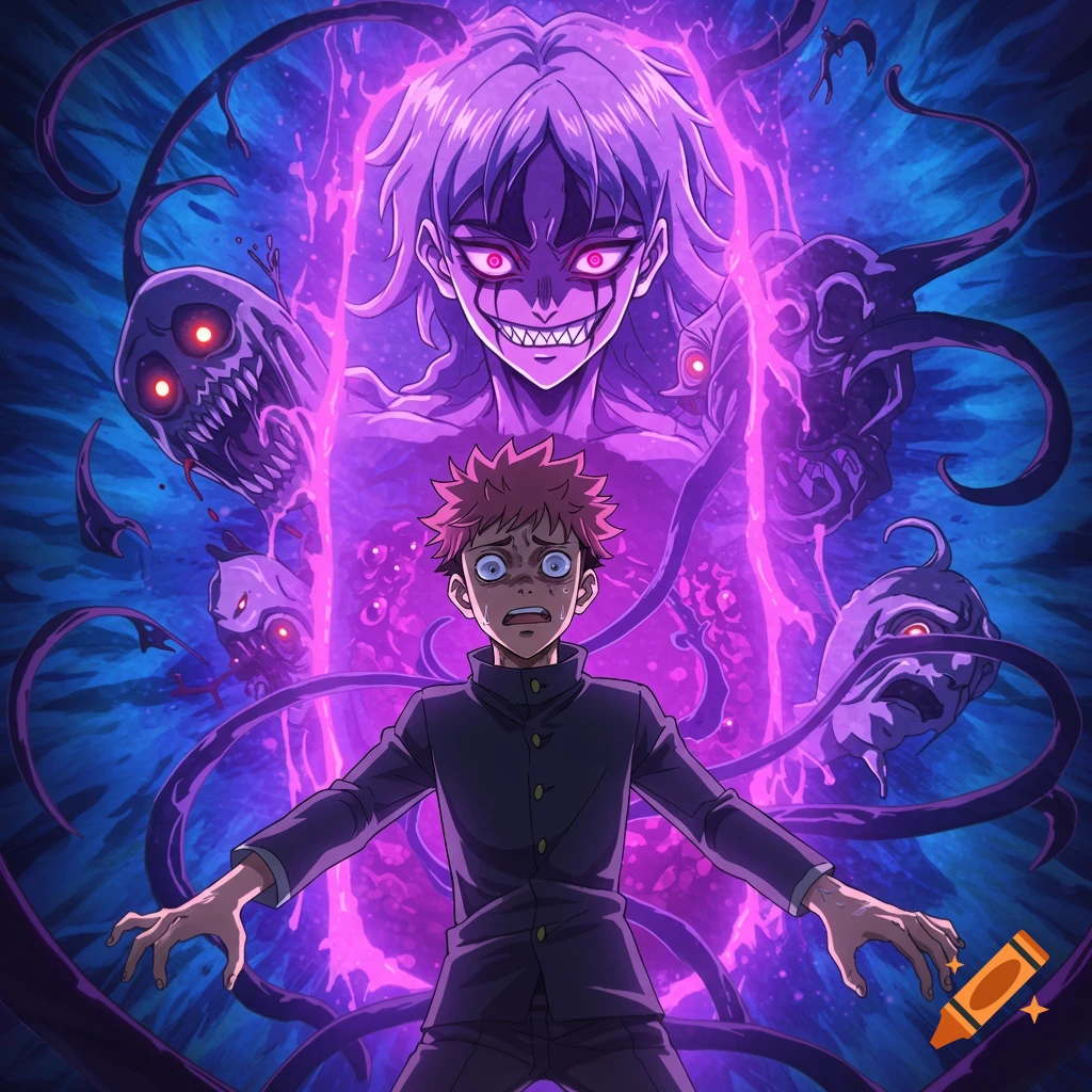 Anime illustration of a scared boy surrounded by glowing purple monstrous figures and tentacles.