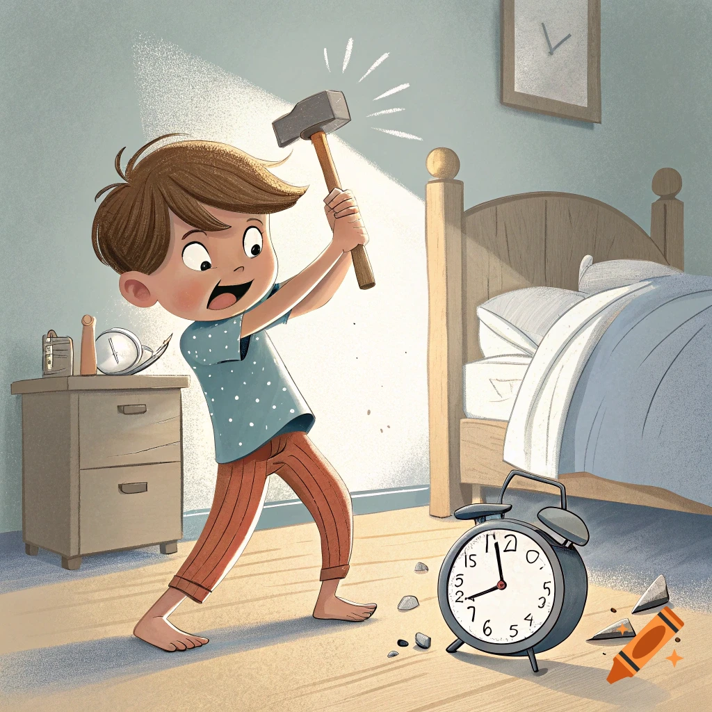 Illustration of a boy smashing an alarm clock with a hammer in a sunny bedroom.