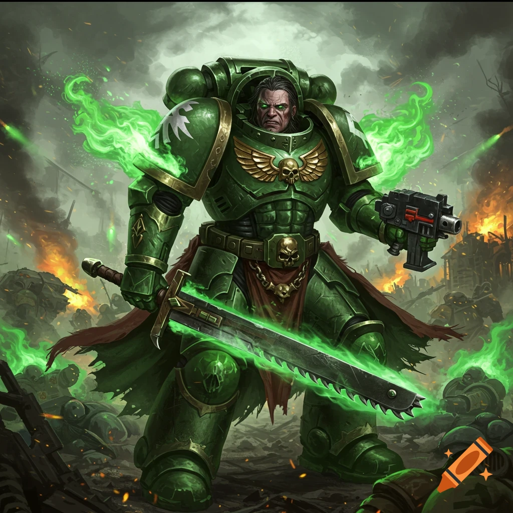 A Space Marine in green power armor holding a glowing chainsword and pistol on a battlefield.
