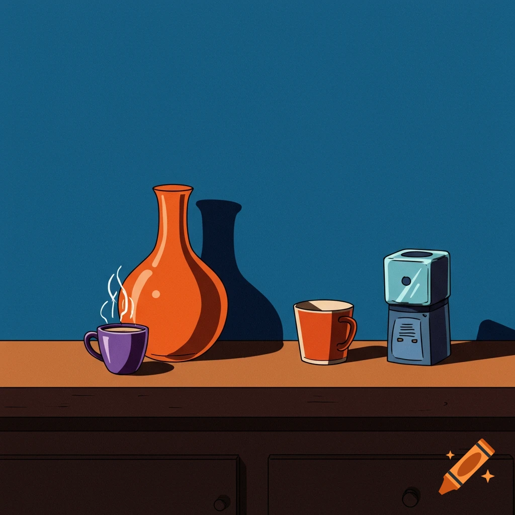 A still life drawing featuring an orange vase, purple and red cups, and a blue boxy object on a brown counter against a blue background.