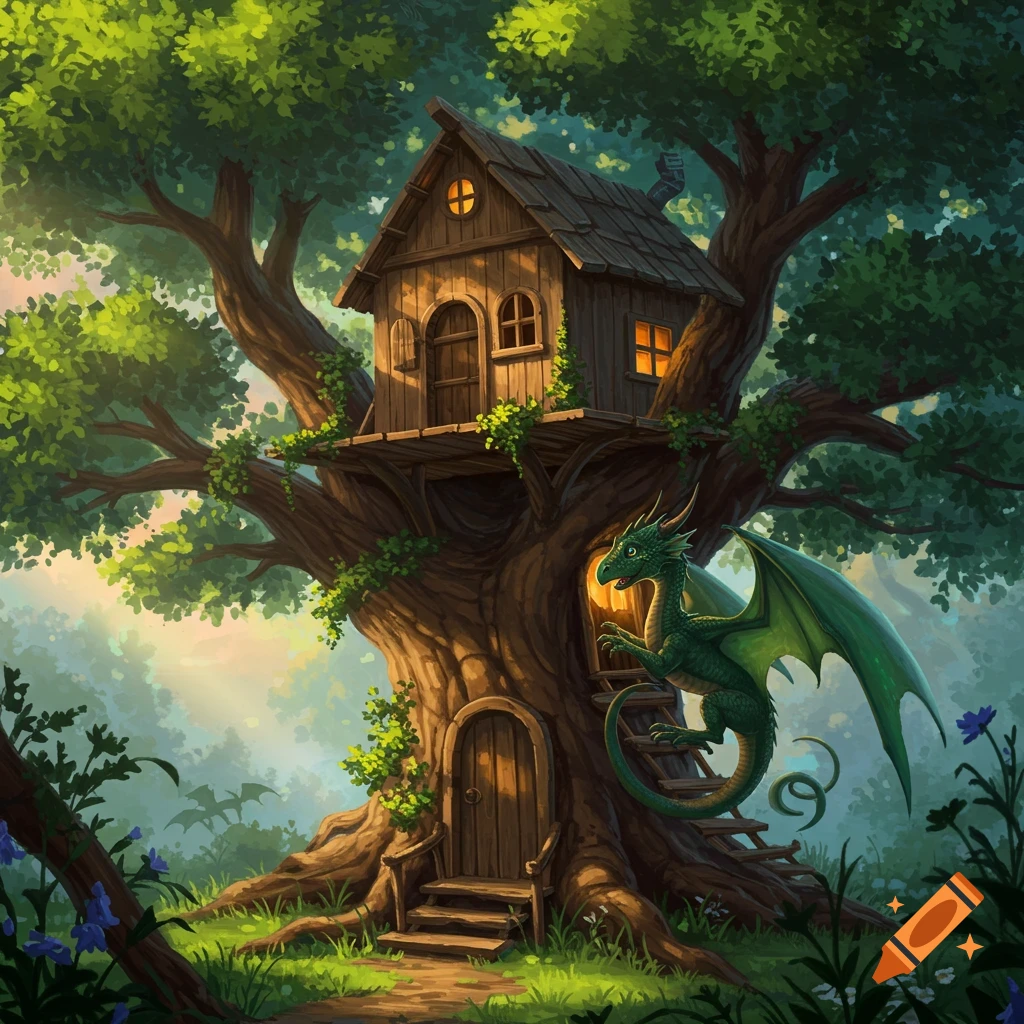 A green dragon climbing a ladder to a treehouse in a forest.
