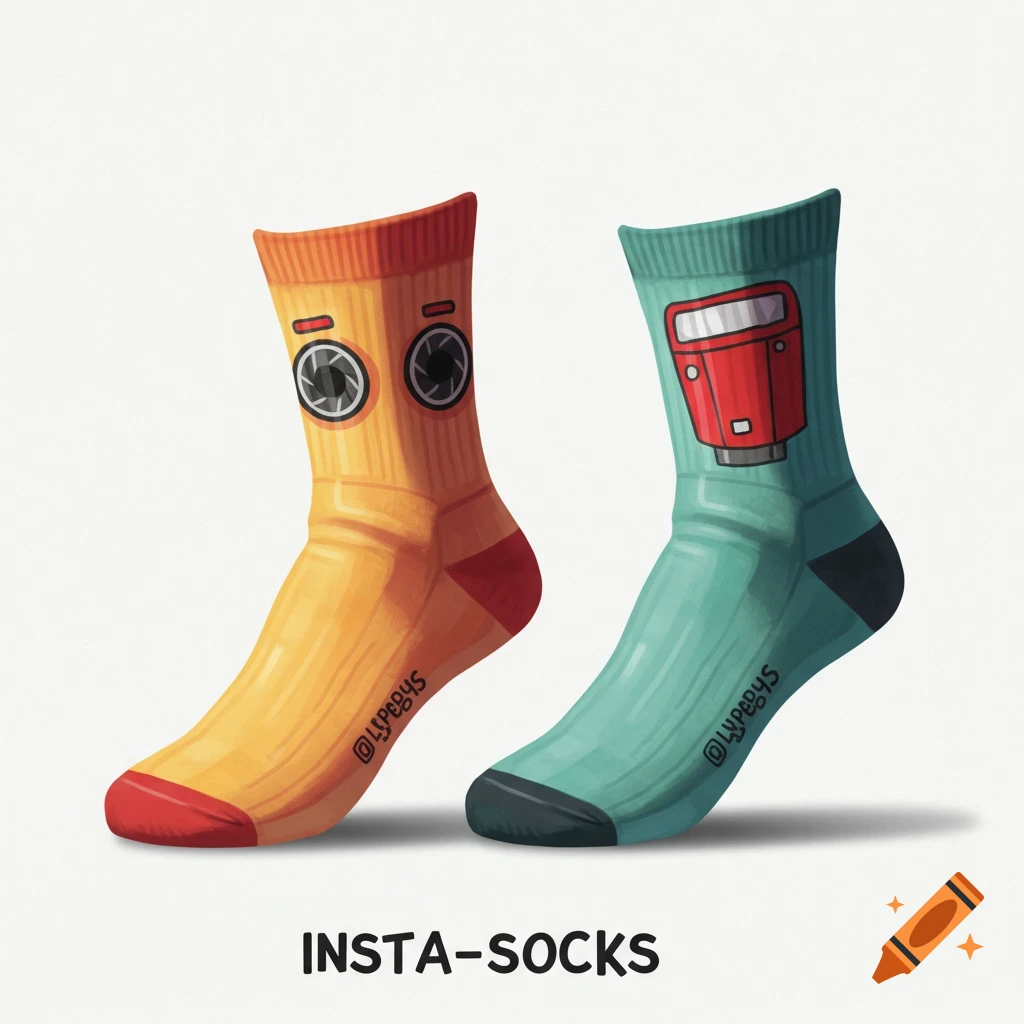 Two socks, one orange with camera lenses, one teal with an instant camera design. Text 'INSTA-SOCKS' below.