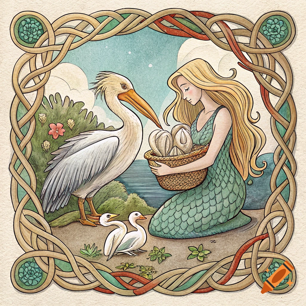 Illustration of a mermaid kneeling by a pelican with babies in a basket, framed by a decorative border.