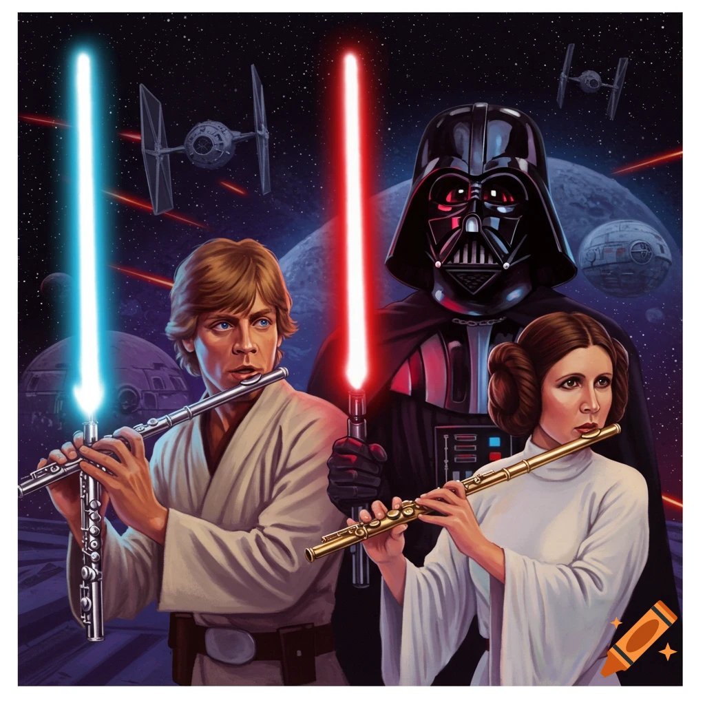 Star Wars characters Luke, Vader, and Leia playing flutes that look like lightsabers in space. Illustration.
