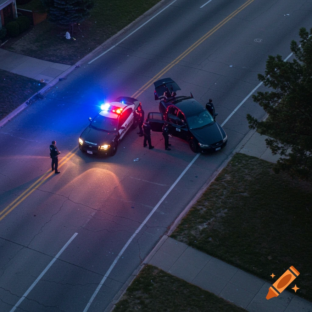 Aerial view of a police car and officers stopping another car on a road at dusk.