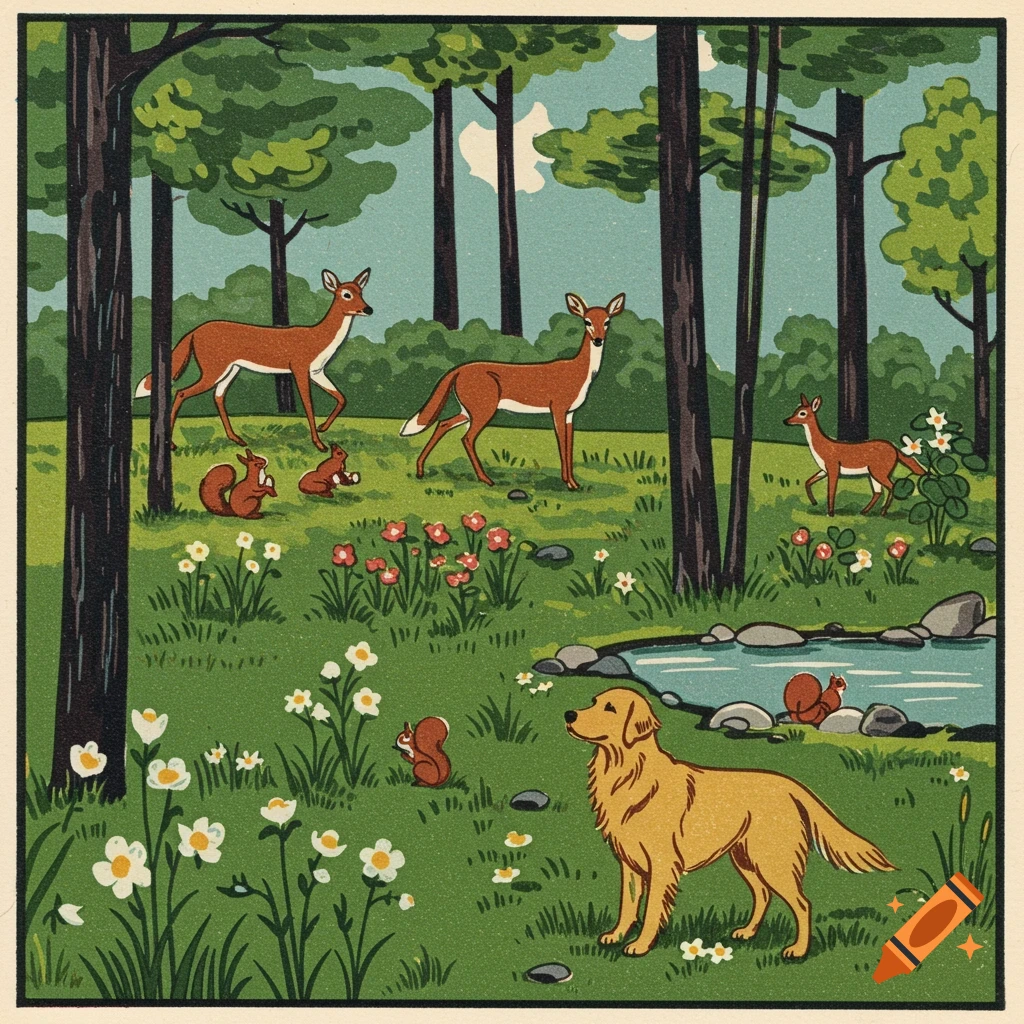 Mid-century modern illustration of deer, squirrels, and a golden retriever in a forest with flowers and a pond.