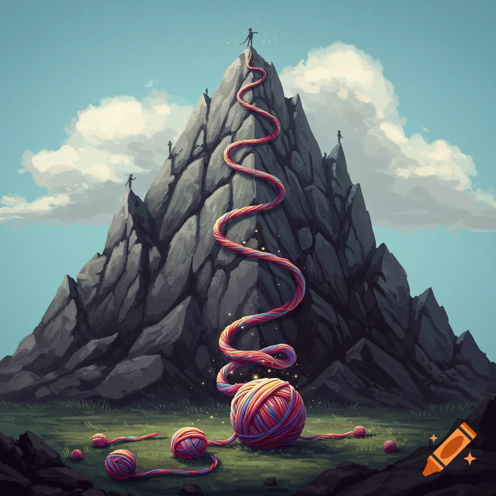 Colorful yarn forming a path up a mountain, with small figures climbing.