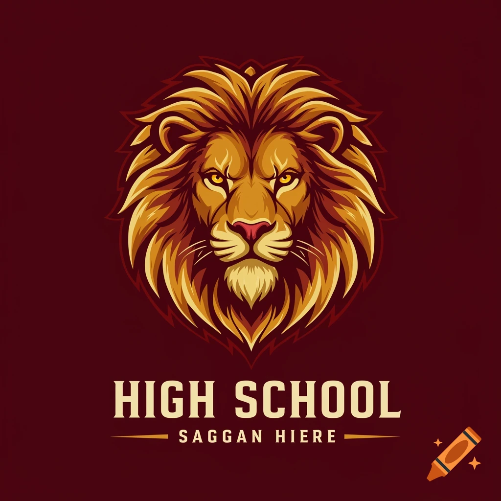 Stylized lion head logo with golden mane on red background. Text reads 'HIGH SCHOOL SAGGAN HIERE'.