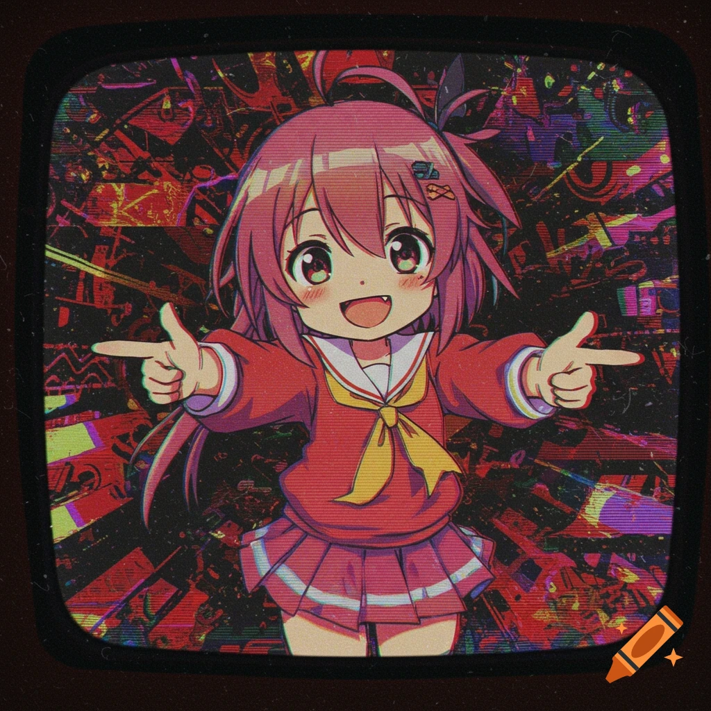 Anime girl with pink hair pointing finger guns in a vibrant, glitchy, vintage style.