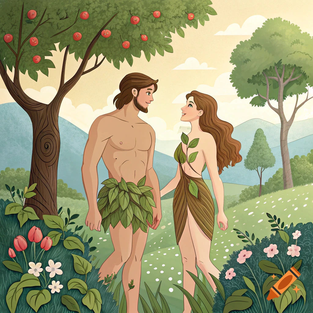 Illustration of Adam and Eve in the Garden of Eden, covered with leaves.