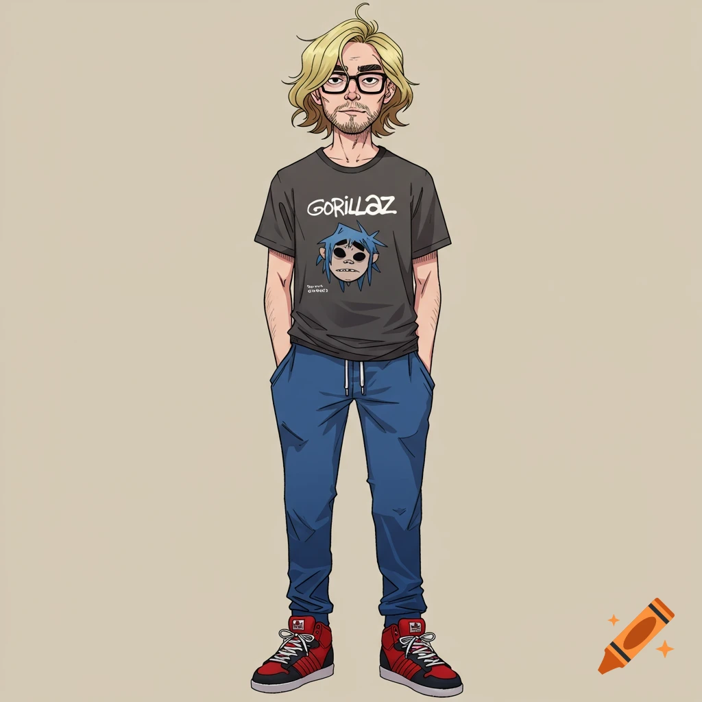 Full body cartoon drawing of a man wearing a Gorillaz t-shirt.