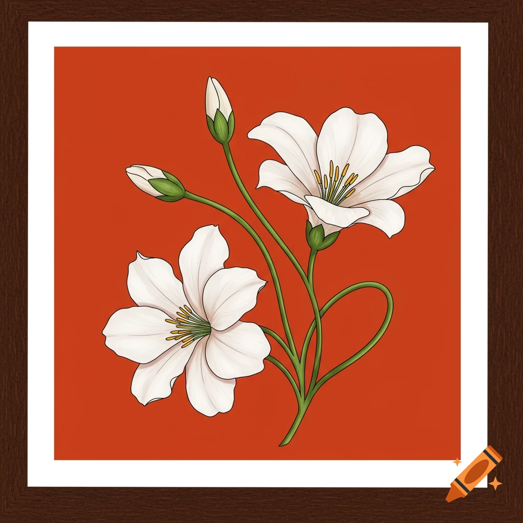 A digital illustration of two white flowers and two buds on green stems against a red-orange background, framed in brown with a white border.