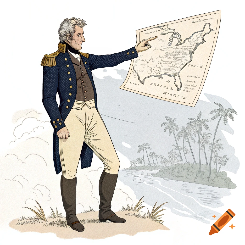 Illustration of Andrew Jackson pointing at a map of Florida in a landscape with palm trees.