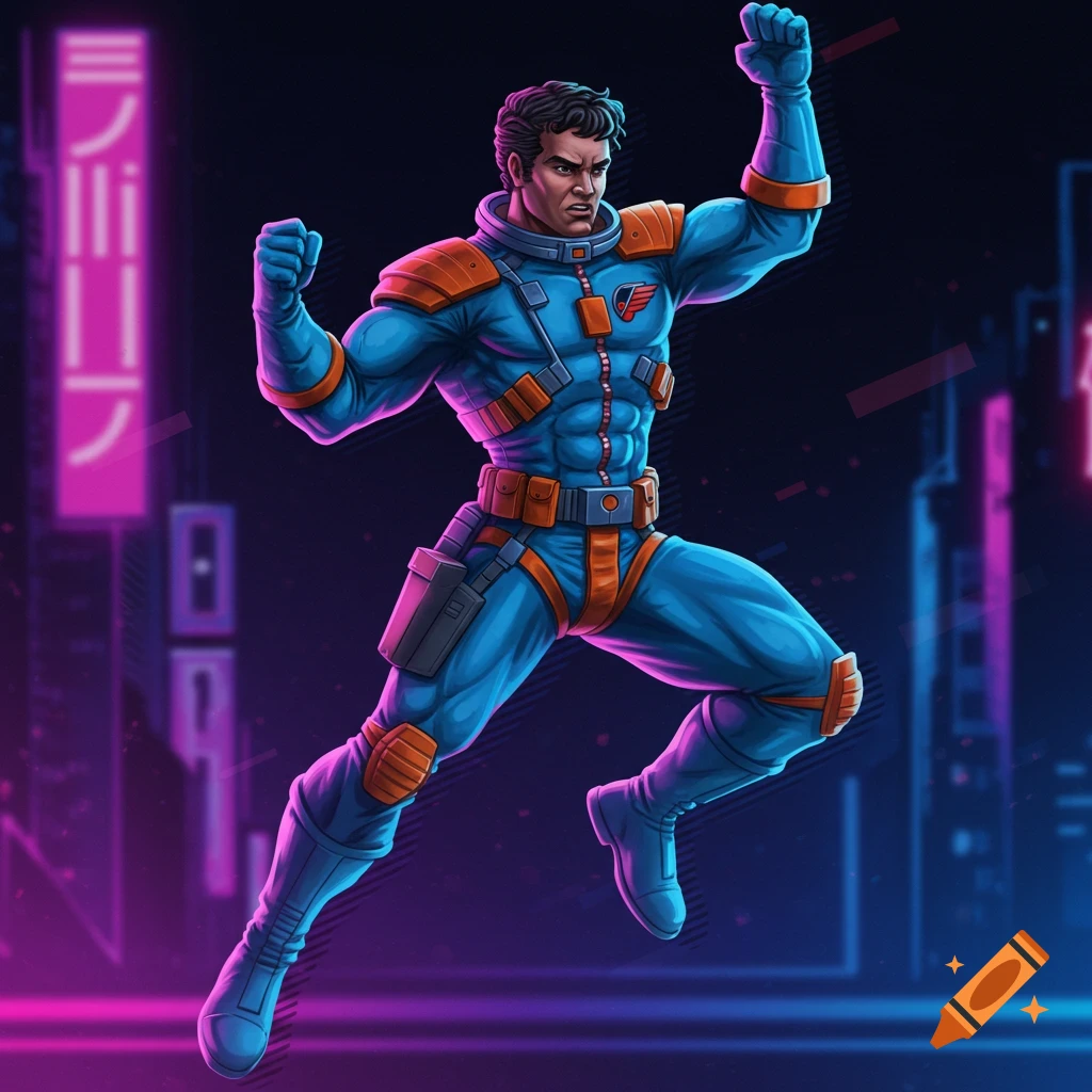 Male action figure in blue and orange suit jumps against a neon cityscape.
