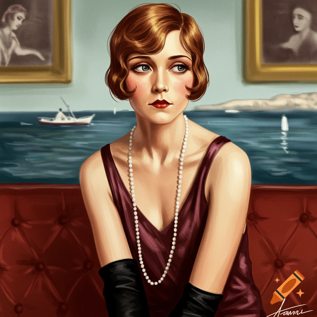 A woman with bobbed hair, pearl necklace, and gloves in 1920s fashion sits on a red couch.