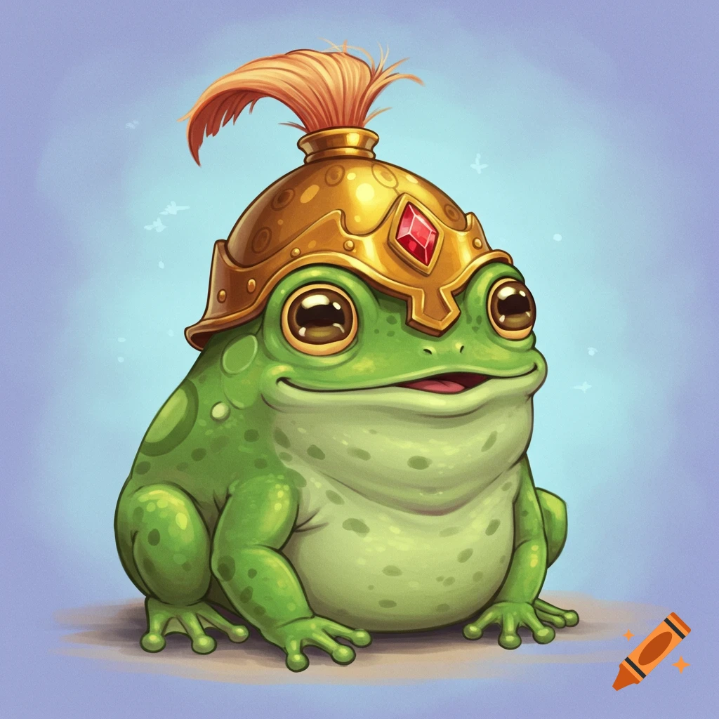 Cartoon frog wearing a golden helmet with a red gem and feather plume.