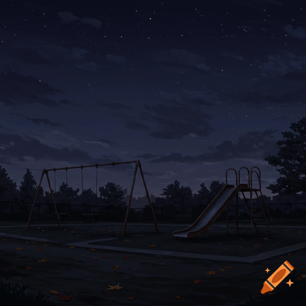 Empty playground at night under a dark, star-filled sky.