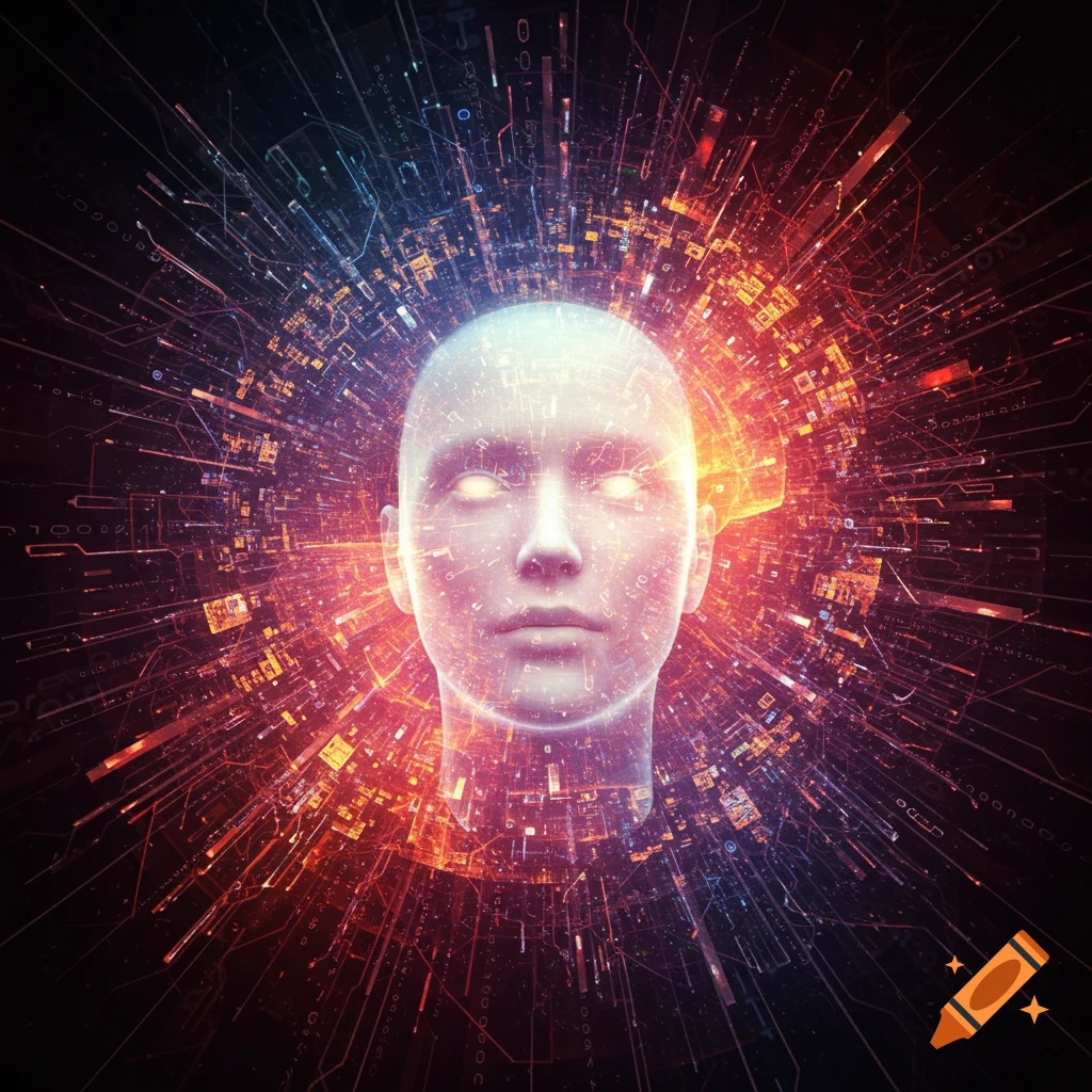 Human-like face surrounded by glowing abstract technology and data circuits, digital art